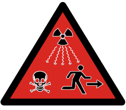 ISO Radiation Warning. a triangle on a red background containing the symbol for radioactivity (the 'clover') with an indication of radioactive emissions, a skull and crossbones and a man running away.