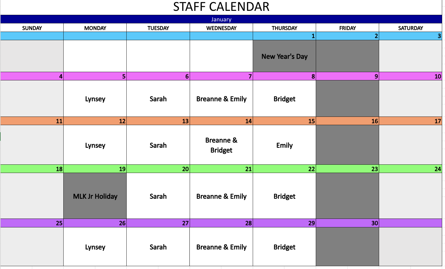 Staff Calendar