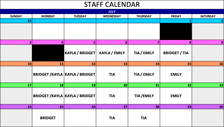 July office schedule