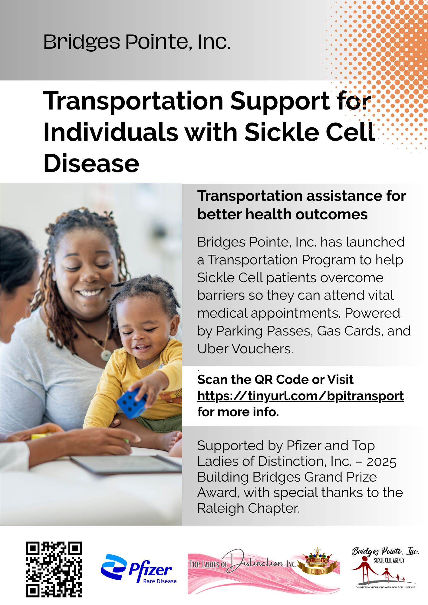 Flyer from Bridges Pointe, Inc. describing free transportation assistance for sickle cell patients to and from clinic appointments. Includes contact details and 2–3 business day turnaround for consent processing.