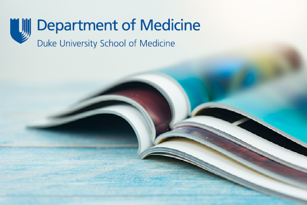 Department of Medicine logo superimposed on an image of research publications sitting open