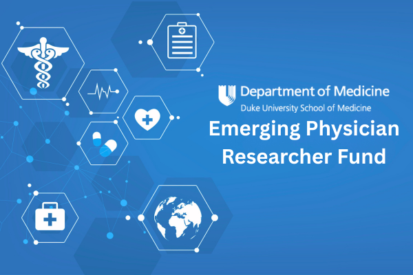 Blue background with medical imagery logos with DOM logo and words Emerging Physician Researcher Fund