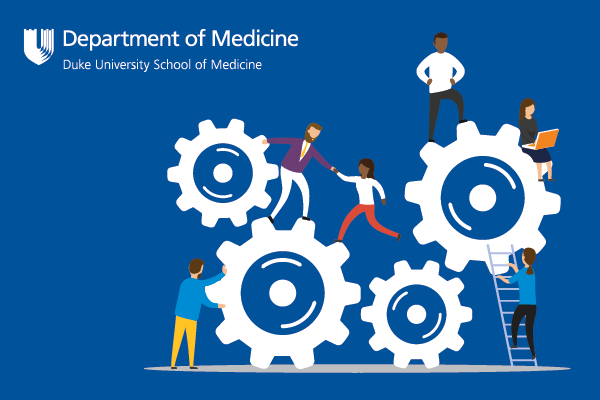 Department of Medicine logo with several illustrated people working together to move gears of different sizes