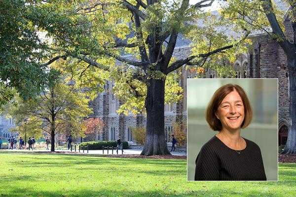 Dr. Kathleen Cooney's headshot superimposed on a photo of the school of medicine