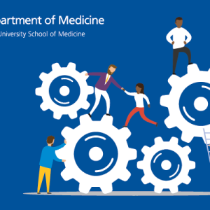 Department of Medicine logo with several illustrated people working together to move gears of different sizes