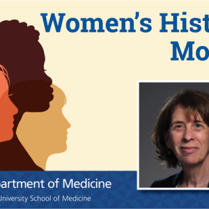 Women's History Month graphic with Department of Medicine logo and Dr. Laura Svetkey's headshot