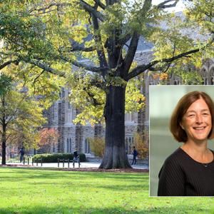 Dr. Kathleen Cooney's headshot superimposed on a photo of the school of medicine