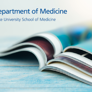Department of Medicine logo superimposed on an image of research publications sitting open