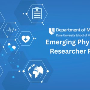 Blue background with medical imagery logos with DOM logo and words Emerging Physician Researcher Fund